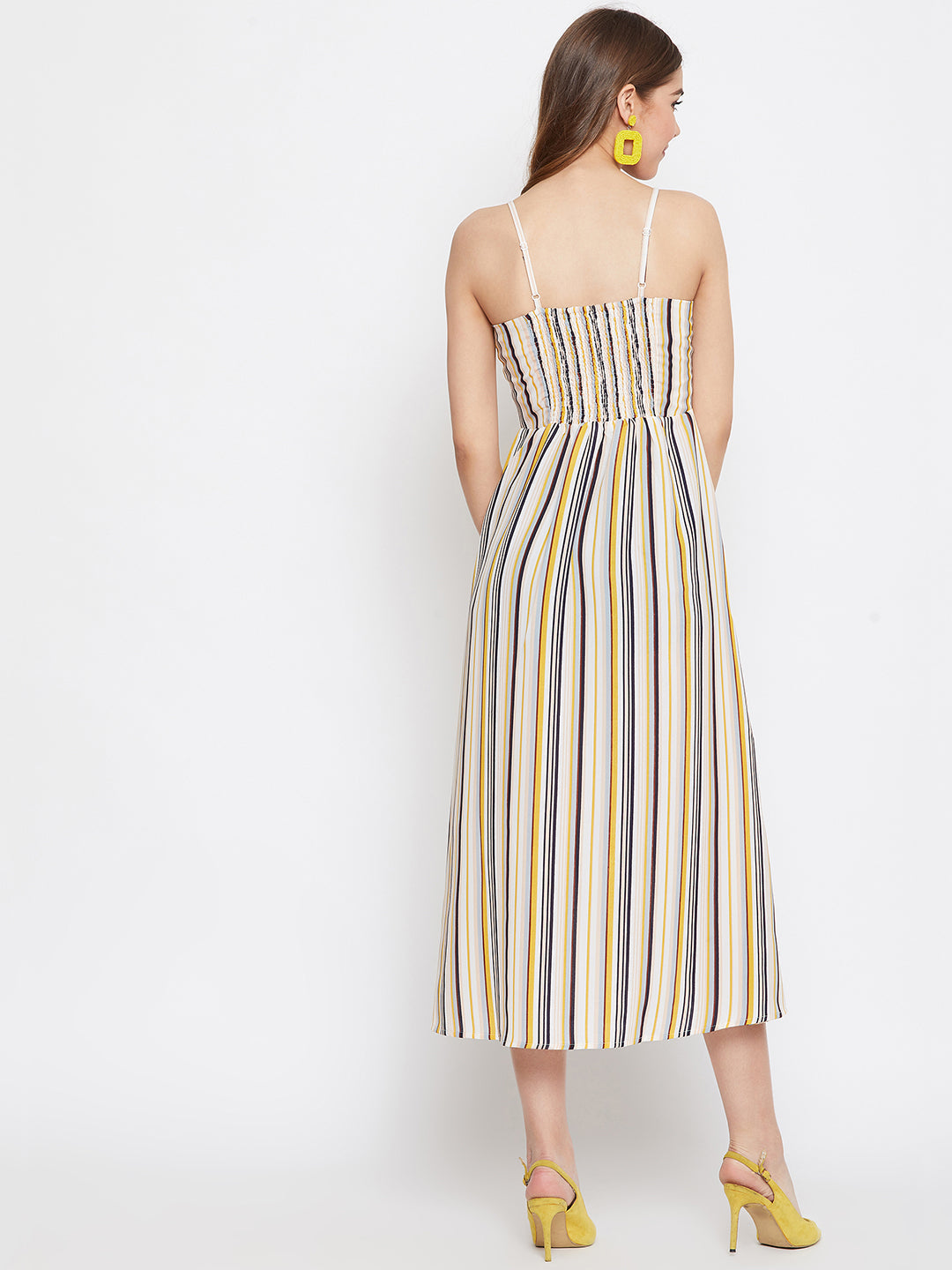 Women Multicoloured Stripe Patterned Button-Up Flared A-Line Midi Dress