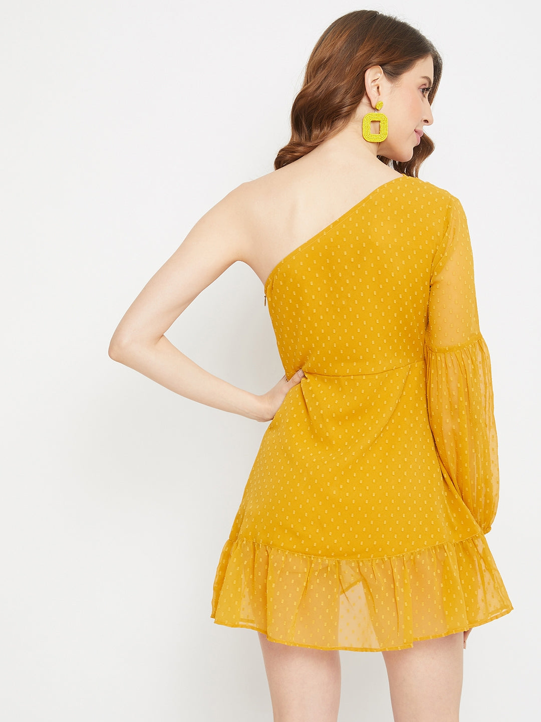 Folk Republic Women Mustard Dotted One-Shoulder Fit & Flare Mini Dress