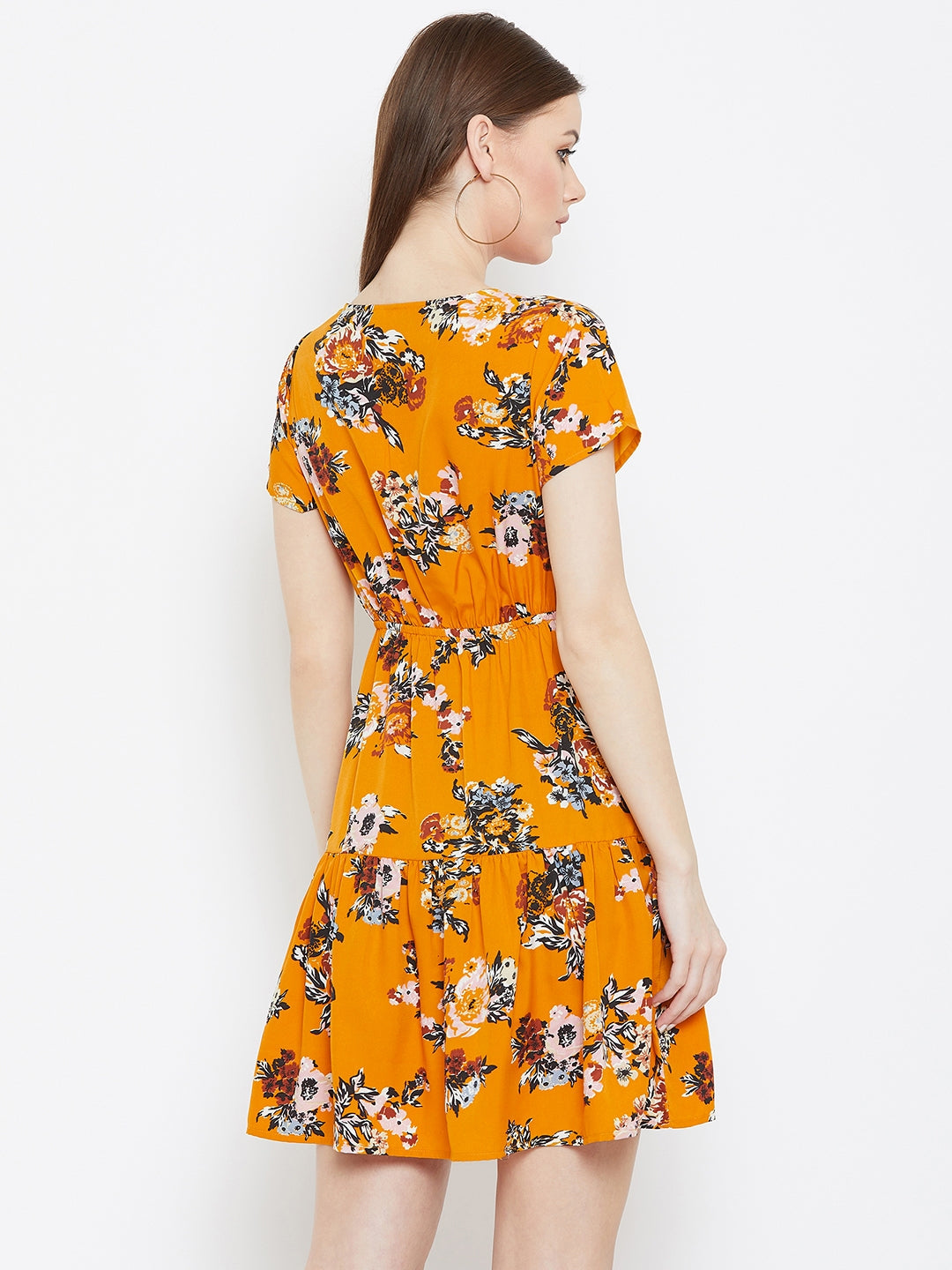 Folk Republic Women Mustard Orange Floral Printed V-Neck Flared Mini Empire Dress Folk Republic