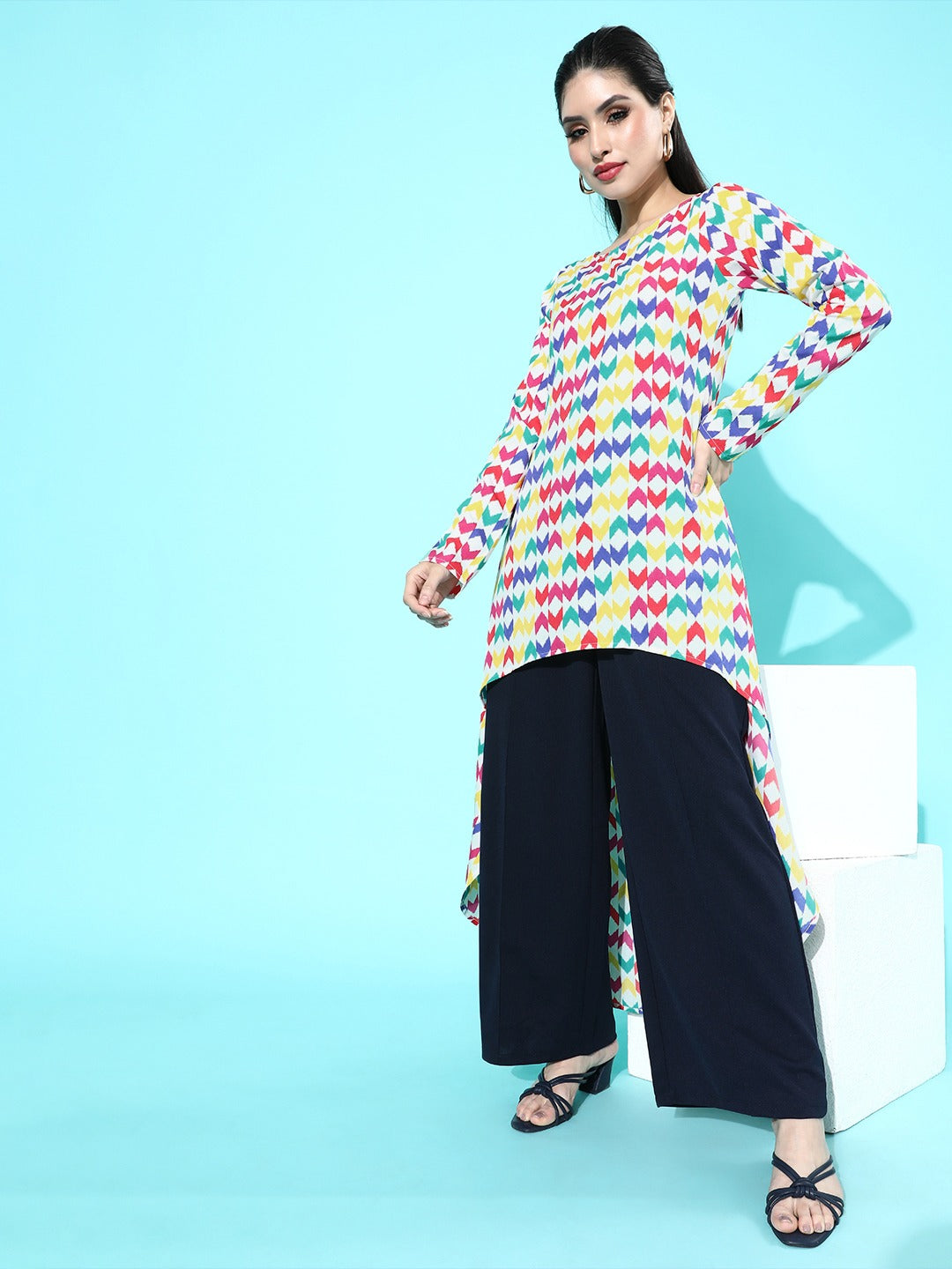 Folk Republic Women Multicoloured Geometric Print Round Neck High-Low Longline Top Folk Republic