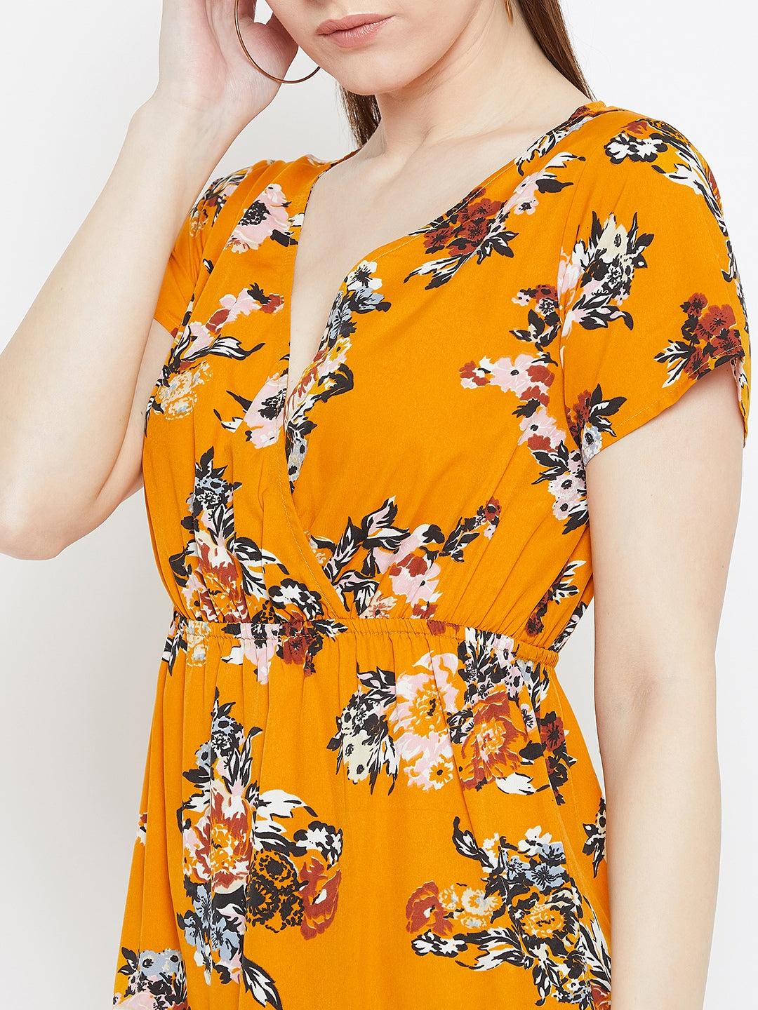 Women Mustard Orange Floral Printed V-Neck Flared Mini Empire Dress