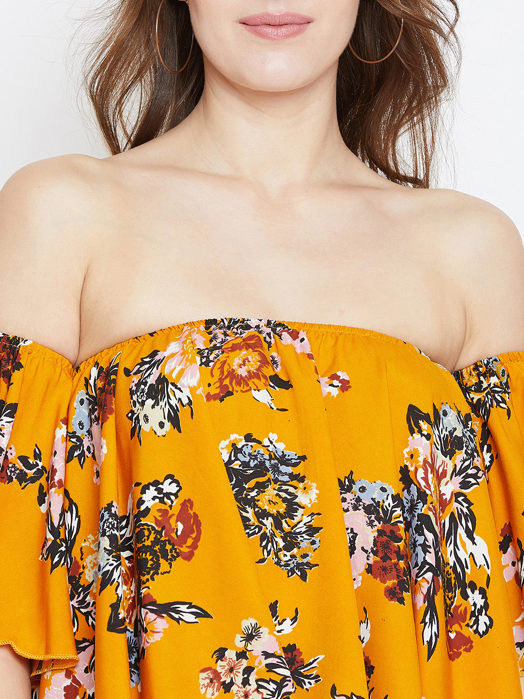 Folk Republic Women Mustard & Green Floral Printed Off-Shoulder Neck Ruffled Crop Bardot Top Folk Republic
