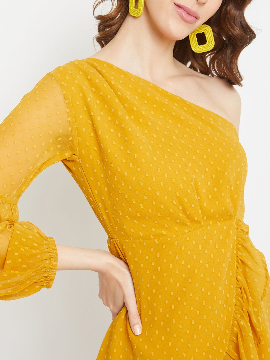 Folk Republic Women Mustard Dotted One-Shoulder Fit & Flare Mini Dress