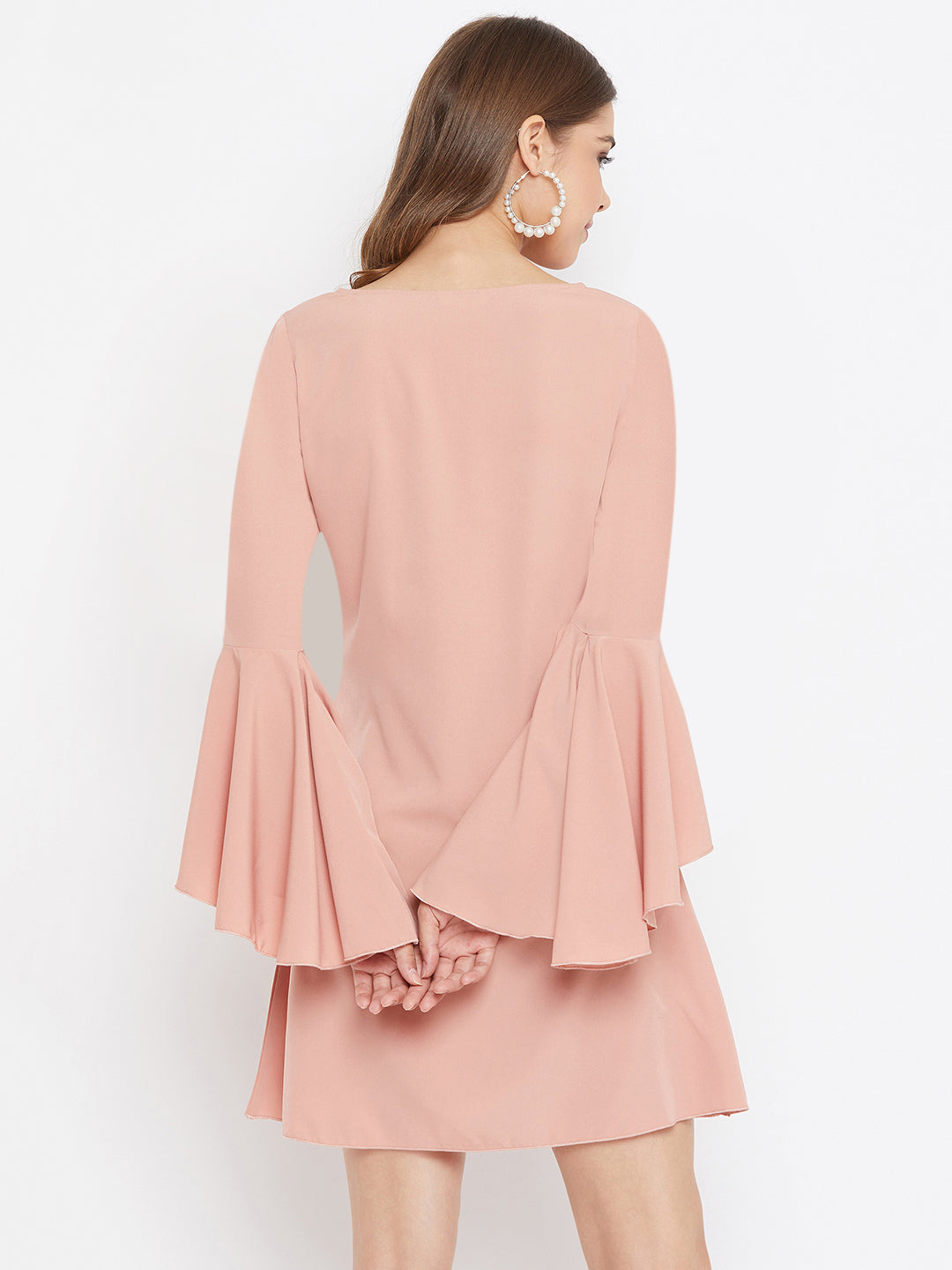 Folk Republic Women Solid Pink Round-Neck Flared Sleeves A-Line Mini Dress
