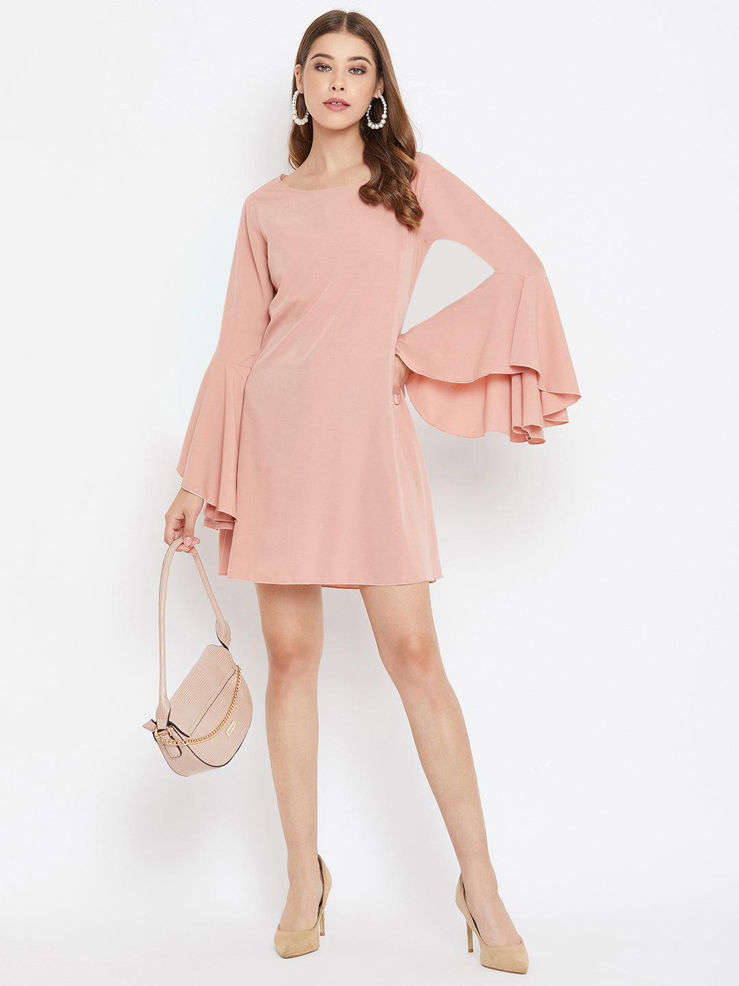 Folk Republic Women Solid Pink Round-Neck Flared Sleeves A-Line Mini Dress