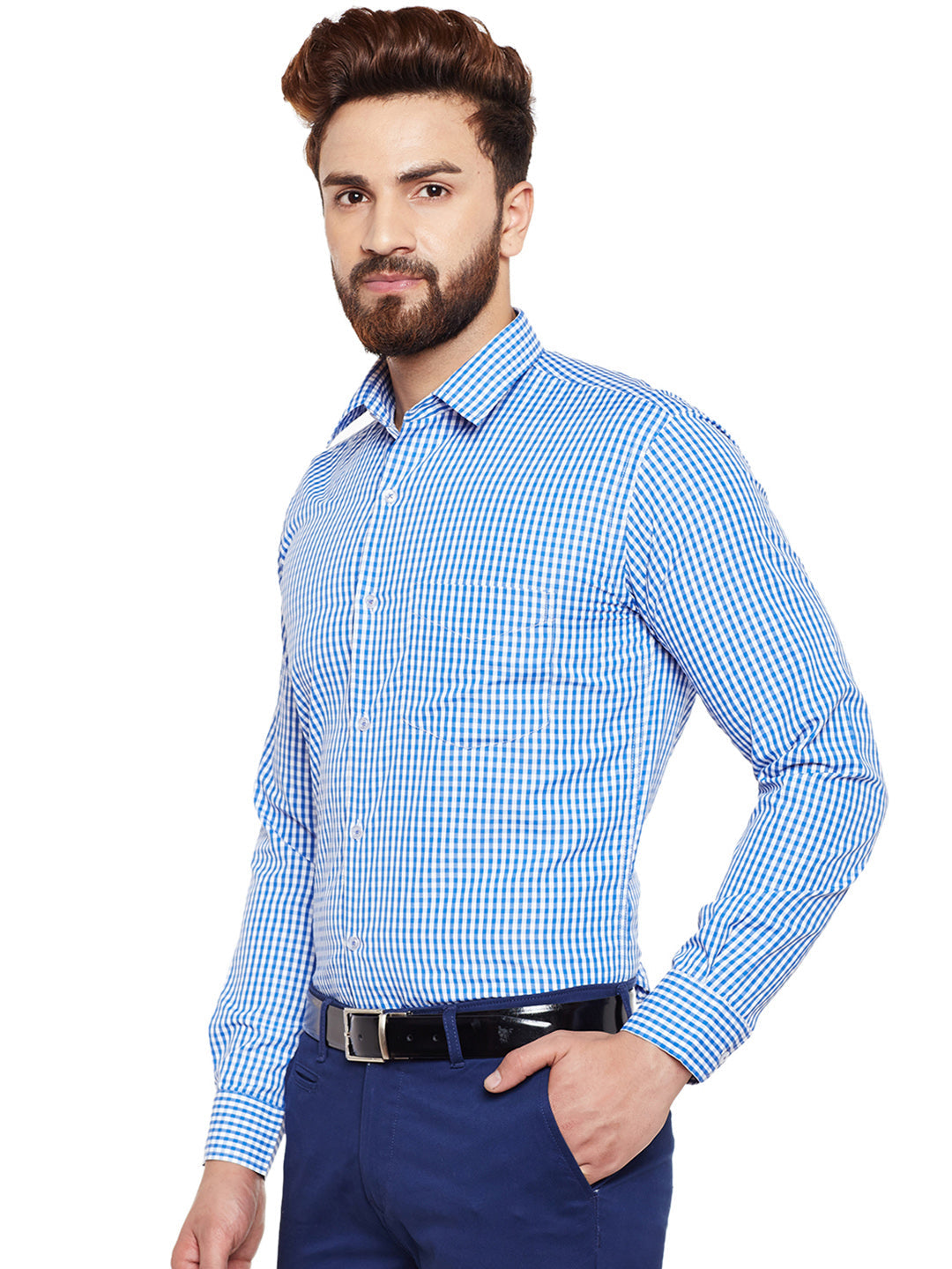 Men Blue Checked Slim Fit Formal Shirt