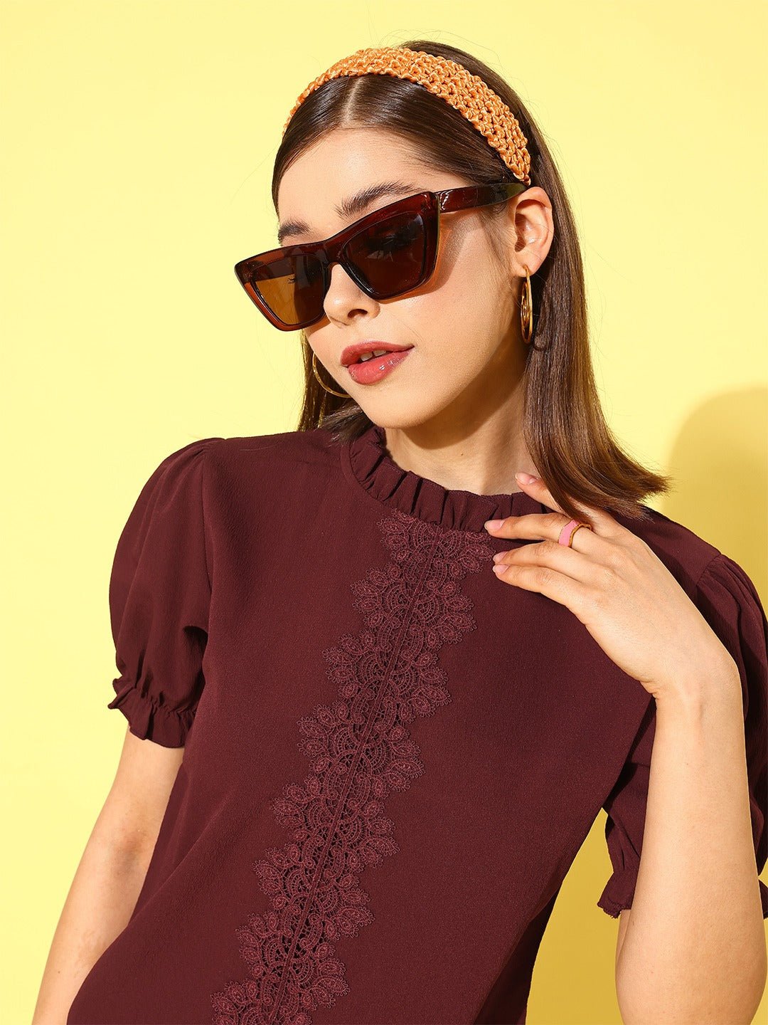 Folk Republic Maroon Solid Contrast Lace Mock Neck Top - #folk republic#