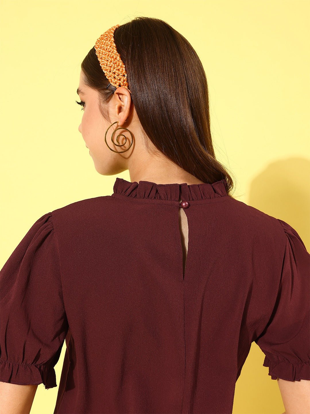 Folk Republic Maroon Solid Contrast Lace Mock Neck Top - #folk republic#