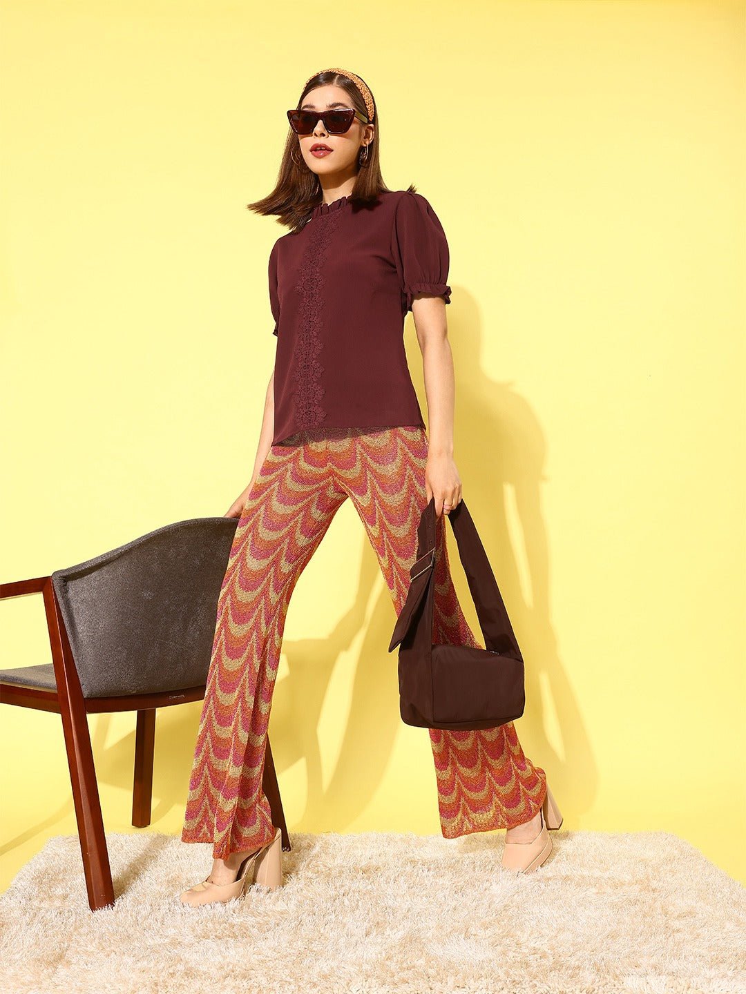 Folk Republic Maroon Solid Contrast Lace Mock Neck Top - #folk republic#