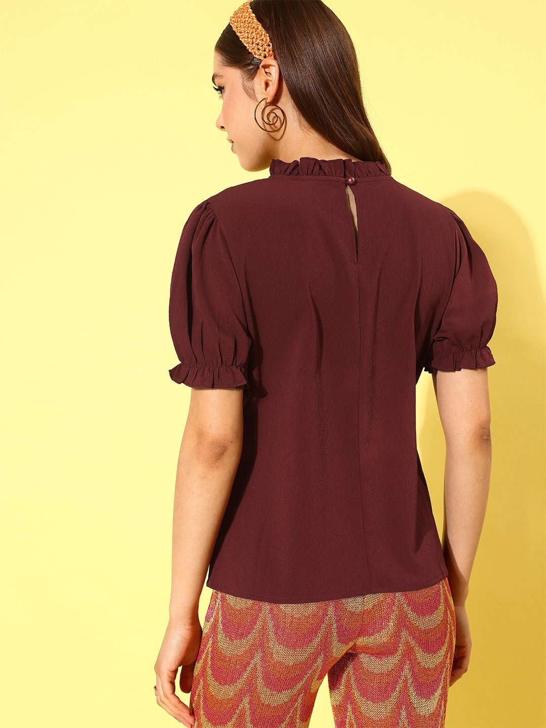 Folk Republic Maroon Solid Contrast Lace Mock Neck Top - #folk republic#