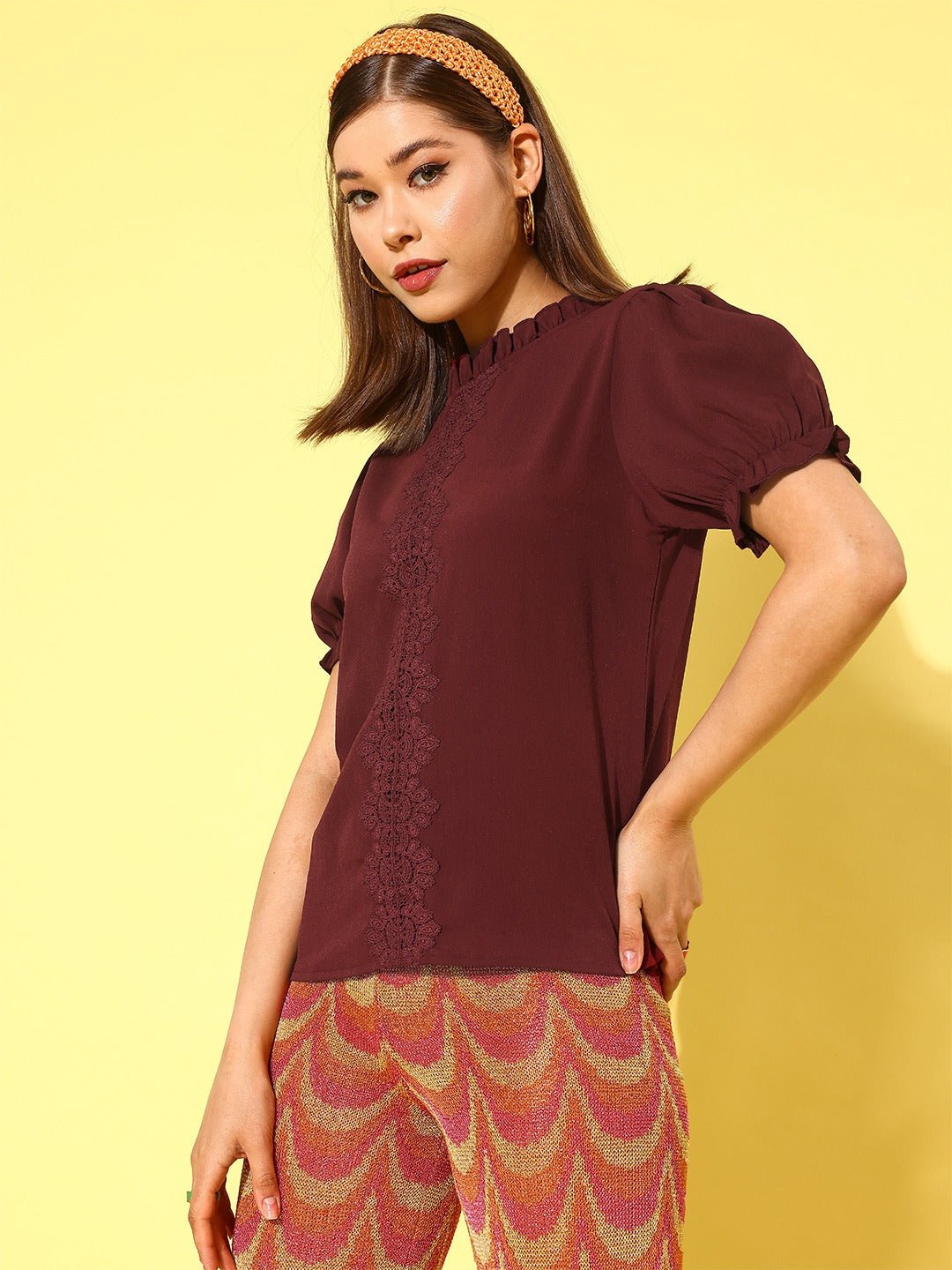 Folk Republic Maroon Solid Contrast Lace Mock Neck Top - #folk republic#