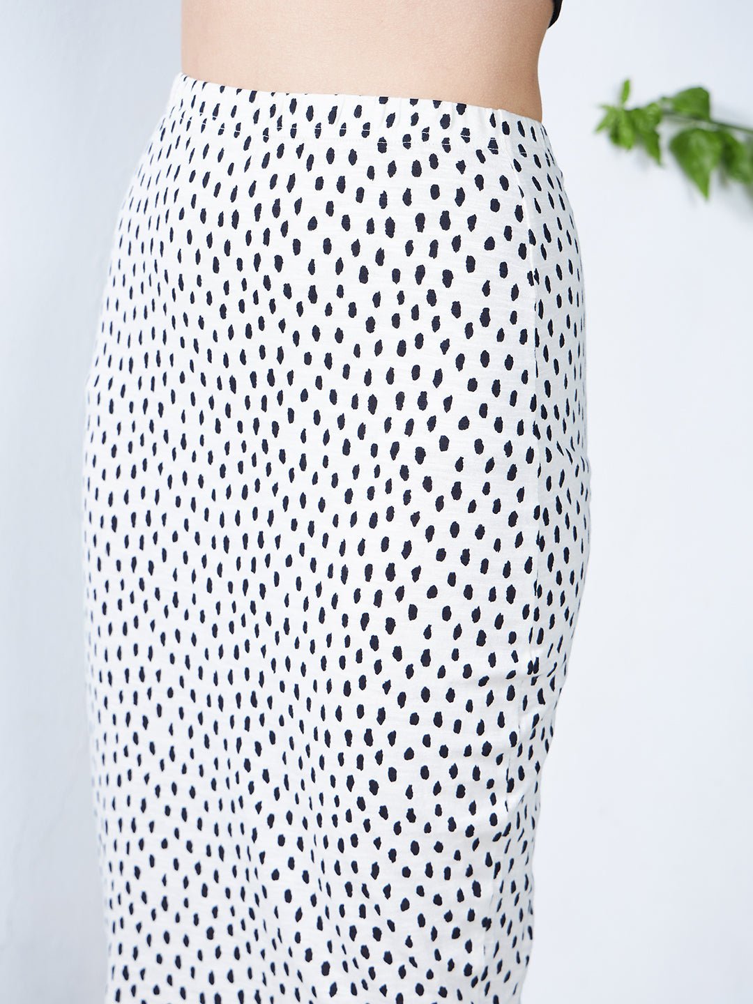 Folk Republic Women Beige & Black Stroke Dot Printed Elastic Waist Cotton Blend Back-Slit Straight Hem Knitted Midi Skirt - #folk republic#