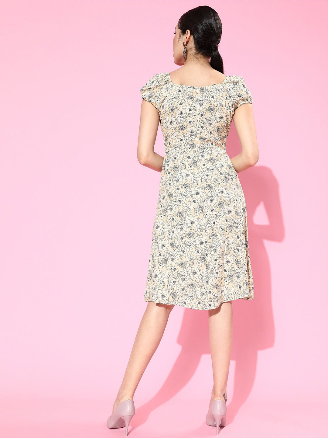 Folk Republic Women Beige Ditsy Floral Printed Tie-Up Sweetheart Neck Ruched A-Line Midi Dress - #folk republic#