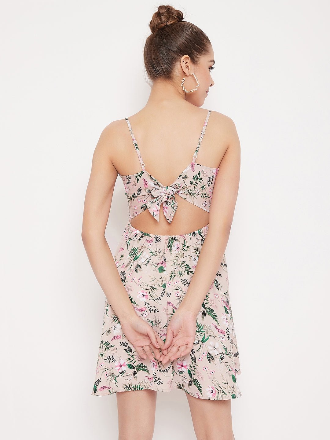Folk Republic Women Beige Floral Print Front Knot V-Neck Mini Dress - #folk republic#