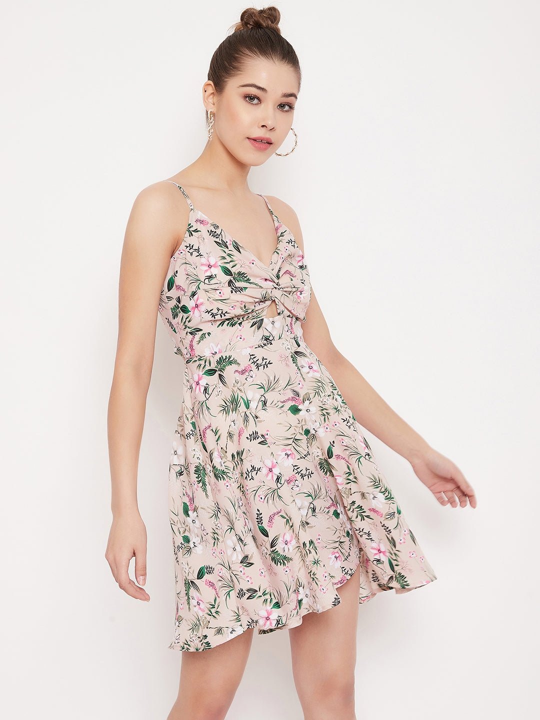 Folk Republic Women Beige Floral Print Front Knot V-Neck Mini Dress - #folk republic#