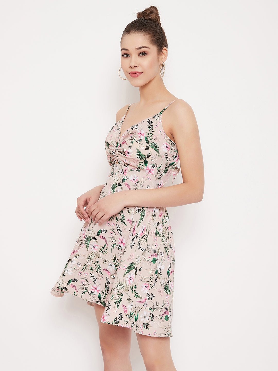 Folk Republic Women Beige Floral Print Front Knot V-Neck Mini Dress - #folk republic#