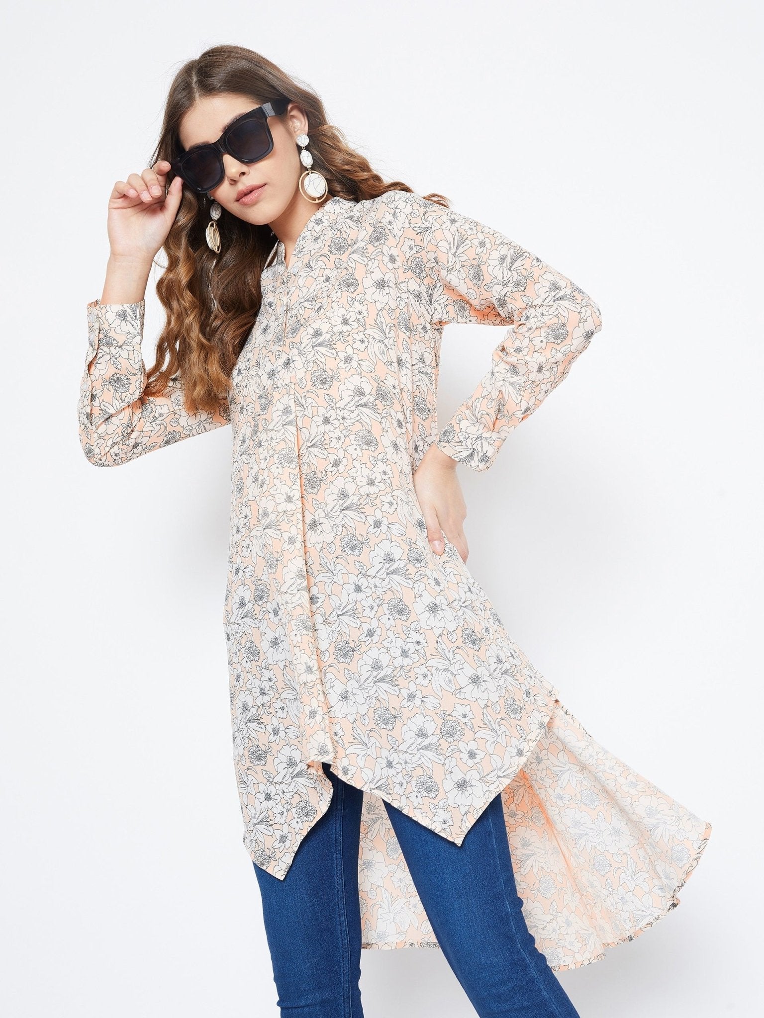 Folk Republic Women Beige Floral Print Mandarin Collar High-Low Top - #folk republic#