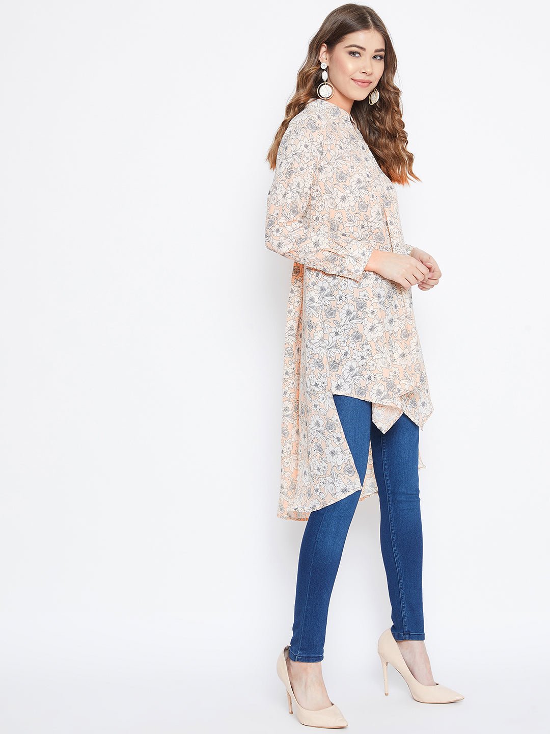 Folk Republic Women Beige Floral Print Mandarin Collar High-Low Top - #folk republic#