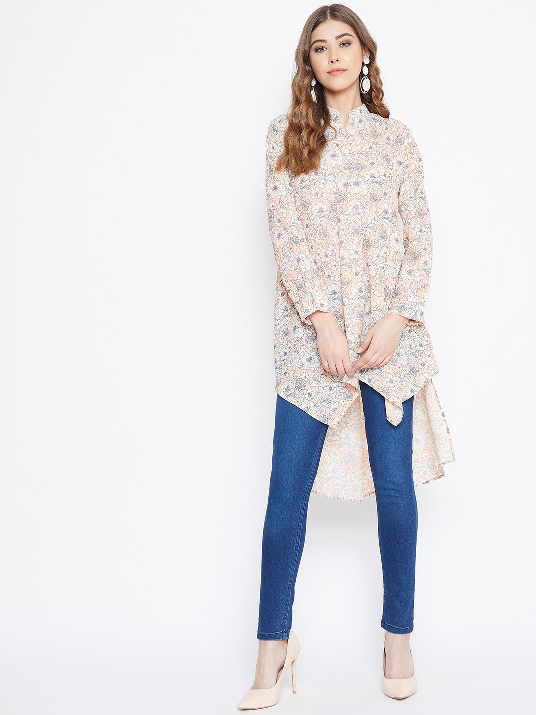 Folk Republic Women Beige Floral Print Mandarin Collar High-Low Top - #folk republic#