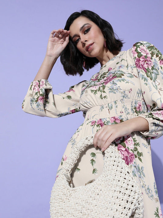 Folk Republic Women Beige Floral Printed Mock-Neck Crepe Maxi Dress - #folk republic#