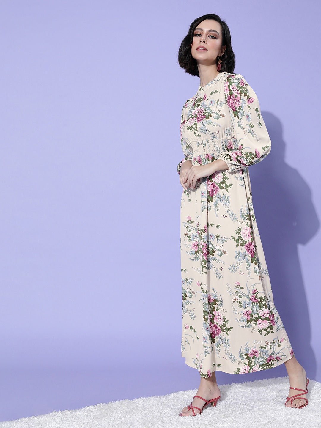 Folk Republic Women Beige Floral Printed Mock-Neck Crepe Maxi Dress - #folk republic#