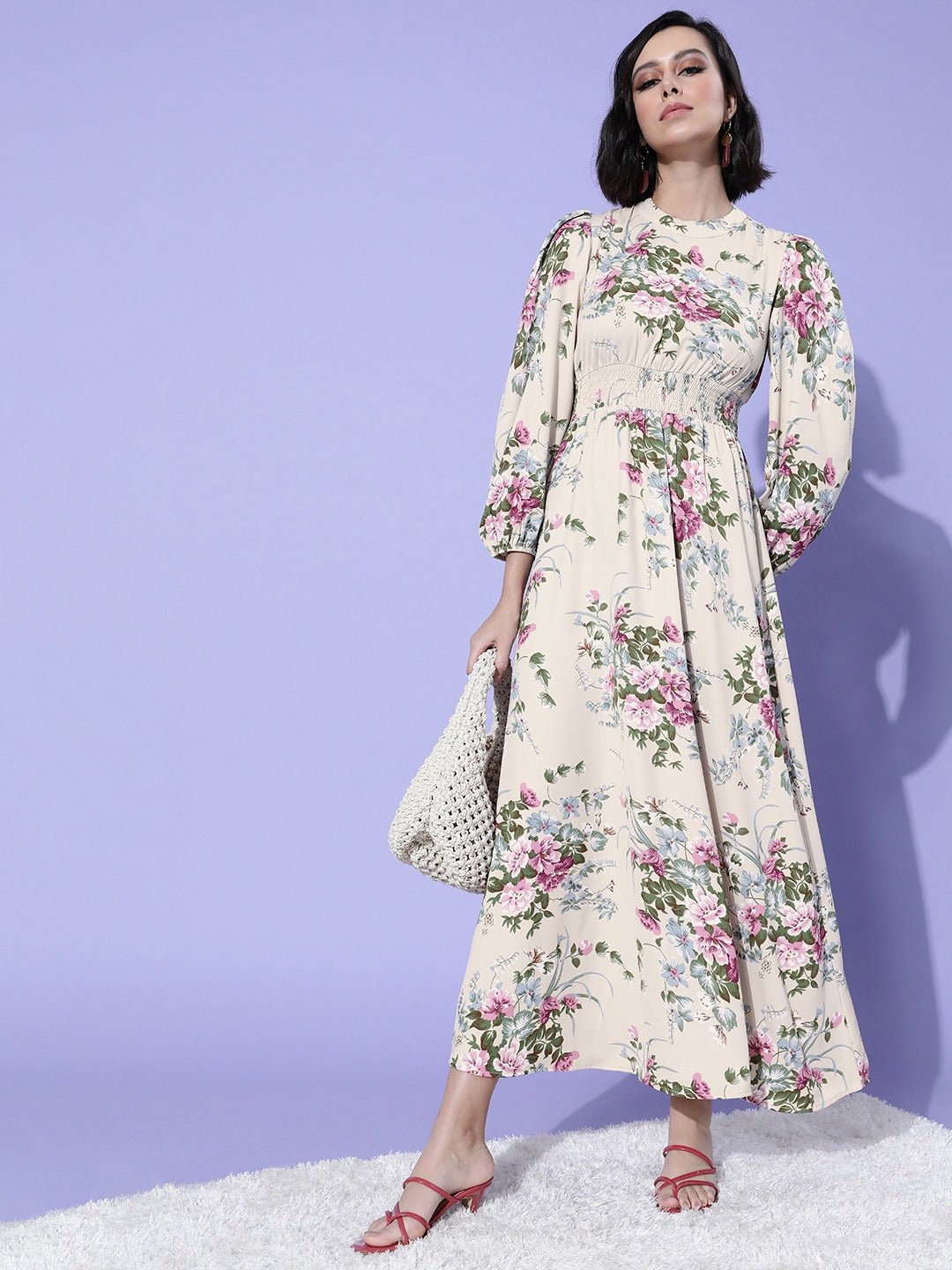 Folk Republic Women Beige Floral Printed Mock-Neck Crepe Maxi Dress - #folk republic#