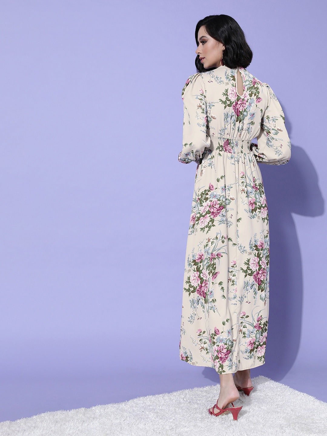 Folk Republic Women Beige Floral Printed Mock-Neck Crepe Maxi Dress - #folk republic#