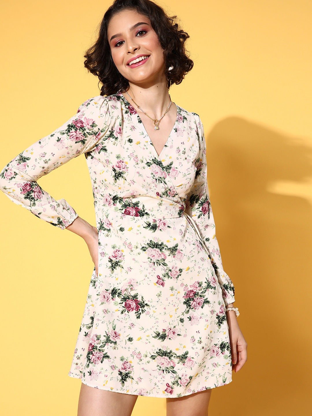 Folk Republic Women Beige Floral Printed V-Neck Waist Tie-Up Flared Wrap Mini Dress - #folk republic#
