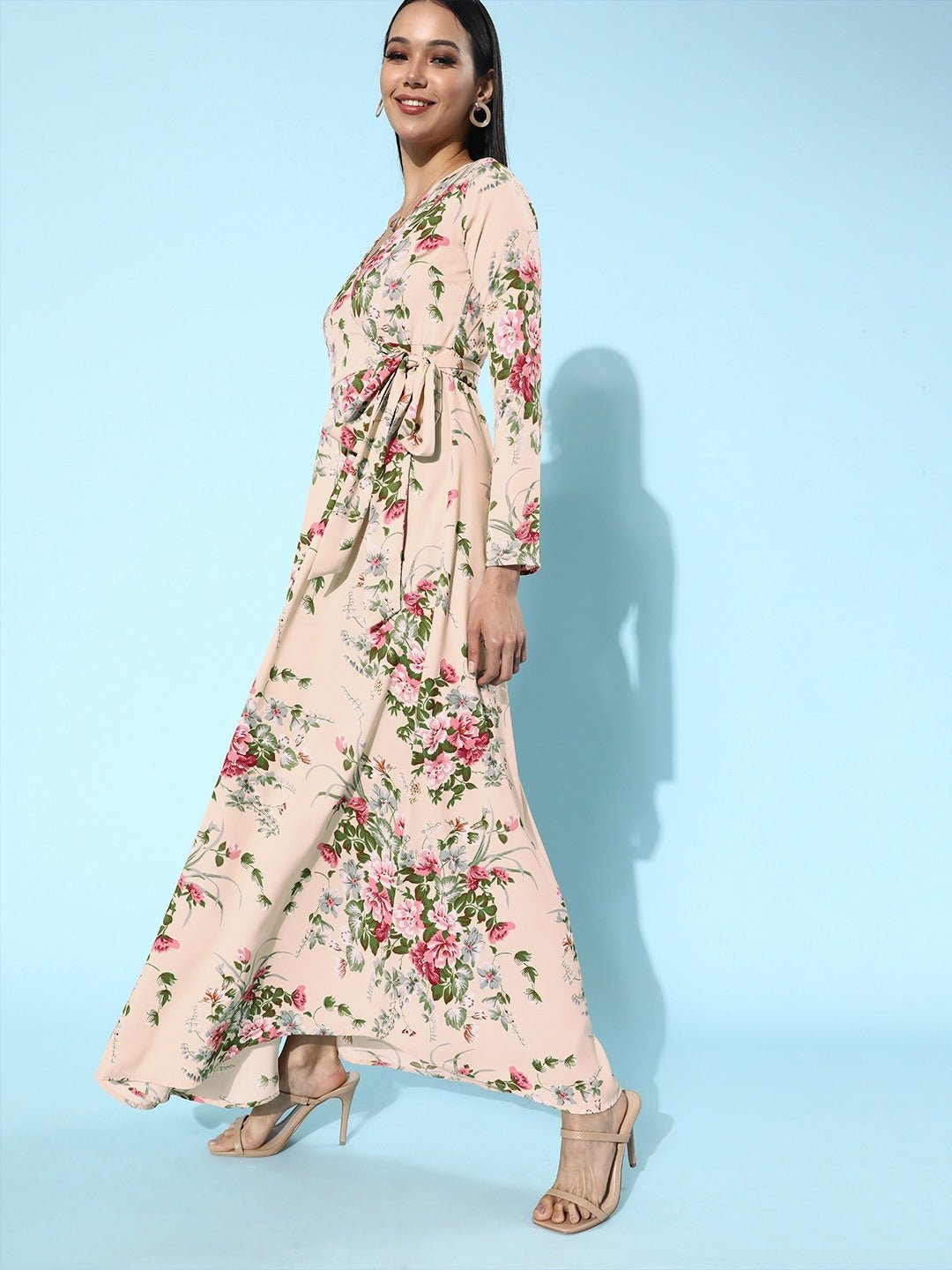 Folk Republic Women Beige Floral Printed V-Neck Wrap Style Maxi Dress - #folk republic#