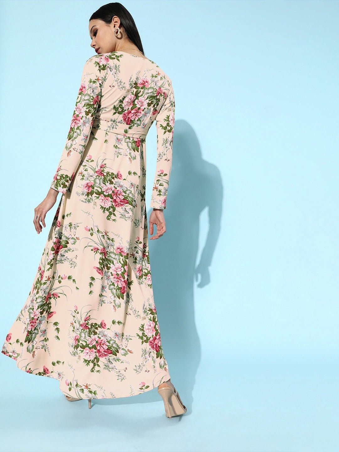 Folk Republic Women Beige Floral Printed V-Neck Wrap Style Maxi Dress - #folk republic#