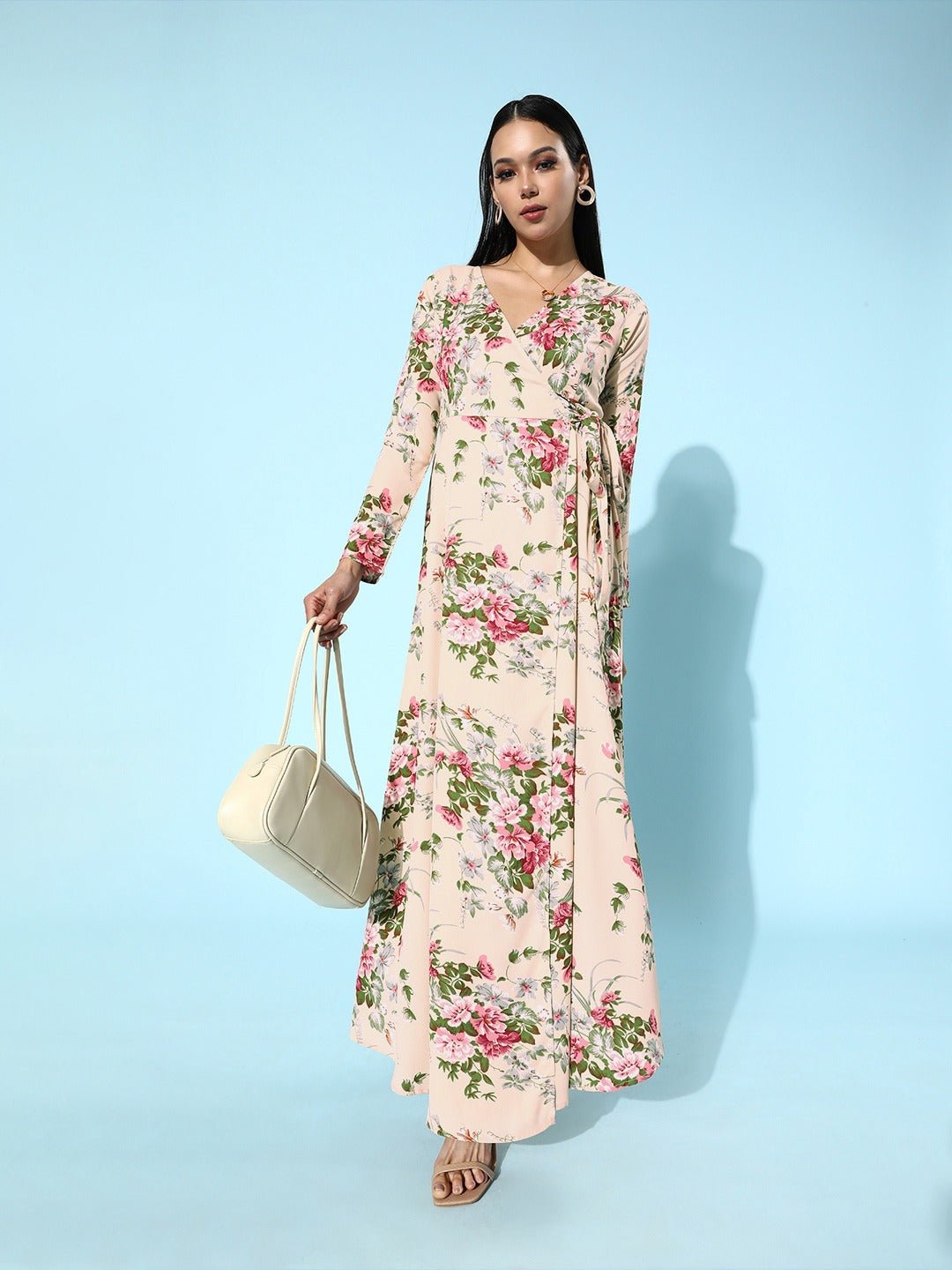 Folk Republic Women Beige Floral Printed V-Neck Wrap Style Maxi Dress - #folk republic#