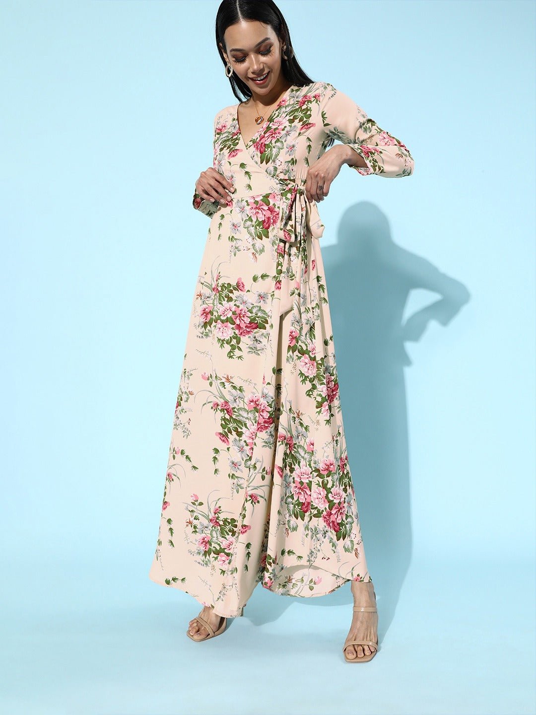 Folk Republic Women Beige Floral Printed V-Neck Wrap Style Maxi Dress - #folk republic#