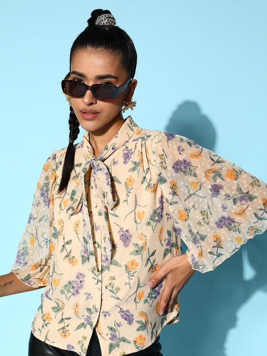 Folk Republic Women Beige & Green Floral Printed Tie-Up Neck Three-Quarter Sleeves Button-Up Georgette Regular Top - #folk republic#