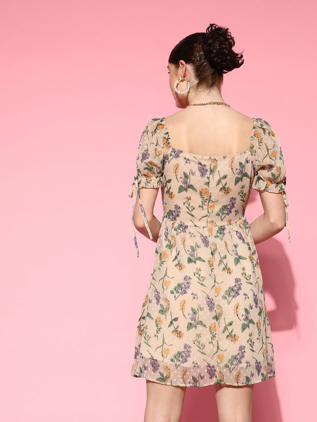 Folk Republic Women Beige & Multicoloured Floral Printed Sweetheart Neck Tie-Up Georgette Fit & Flare Mini Dress - #folk republic#