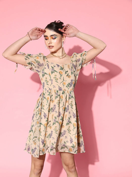 Folk Republic Women Beige & Multicoloured Floral Printed Sweetheart Neck Tie-Up Georgette Fit & Flare Mini Dress - #folk republic#