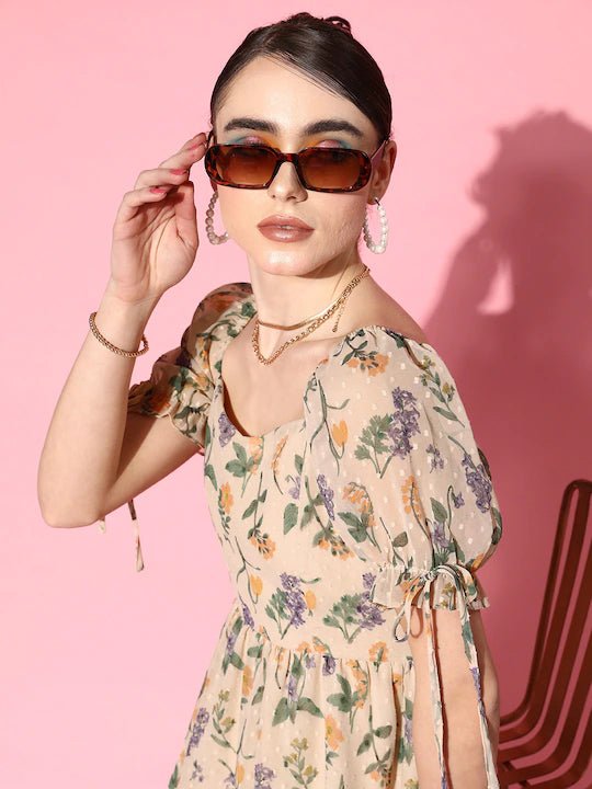 Folk Republic Women Beige & Multicoloured Floral Printed Sweetheart Neck Tie-Up Georgette Fit & Flare Mini Dress - #folk republic#