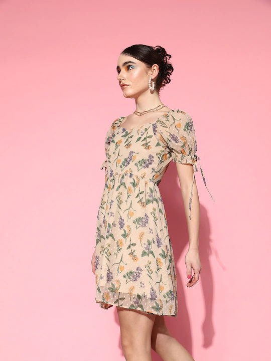 Folk Republic Women Beige & Multicoloured Floral Printed Sweetheart Neck Tie-Up Georgette Fit & Flare Mini Dress - #folk republic#