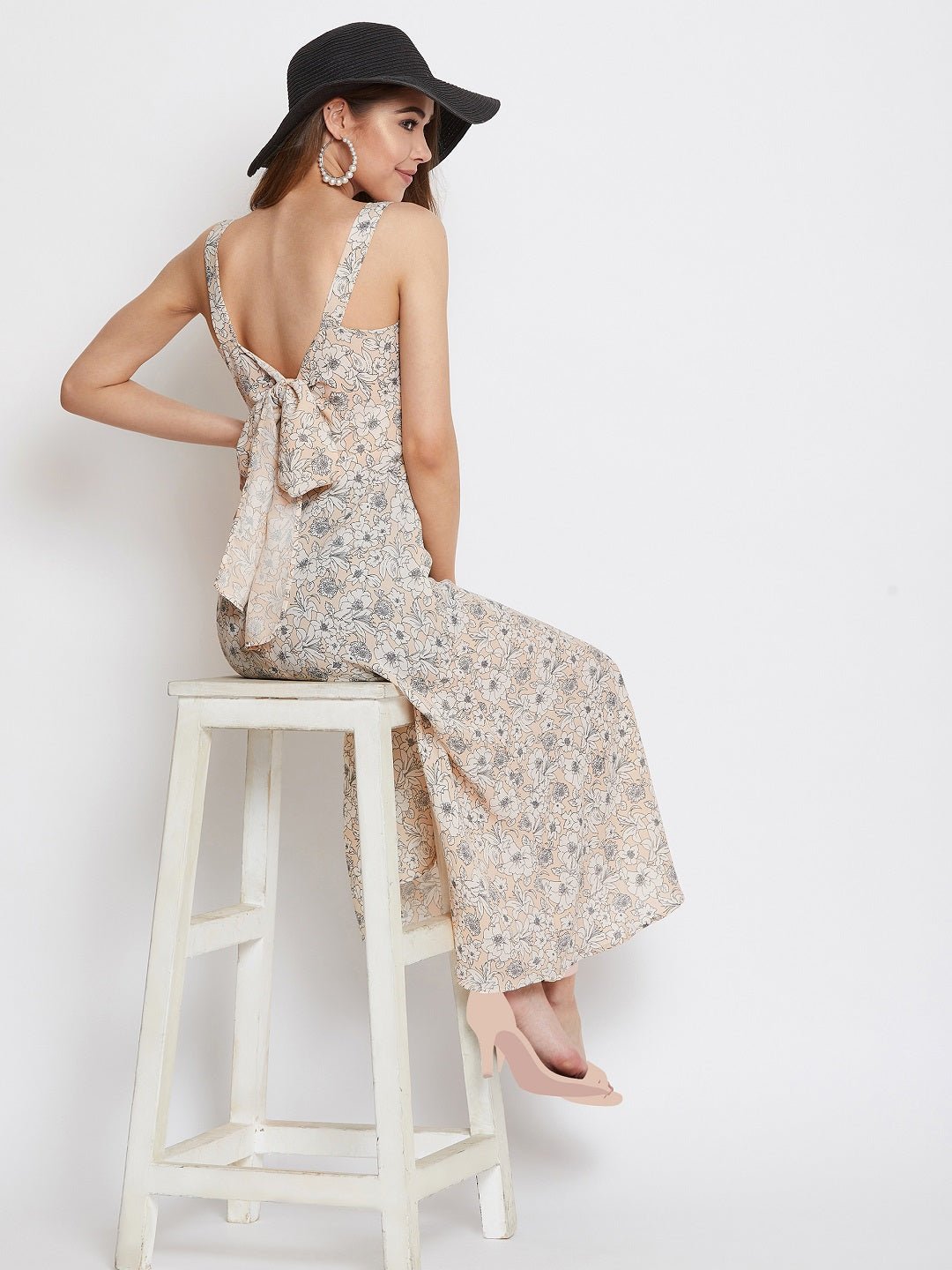 Folk Republic Women Beige & Off-White Floral Printed Square Neck Open-Back A-Line Midi Dress - #folk republic#