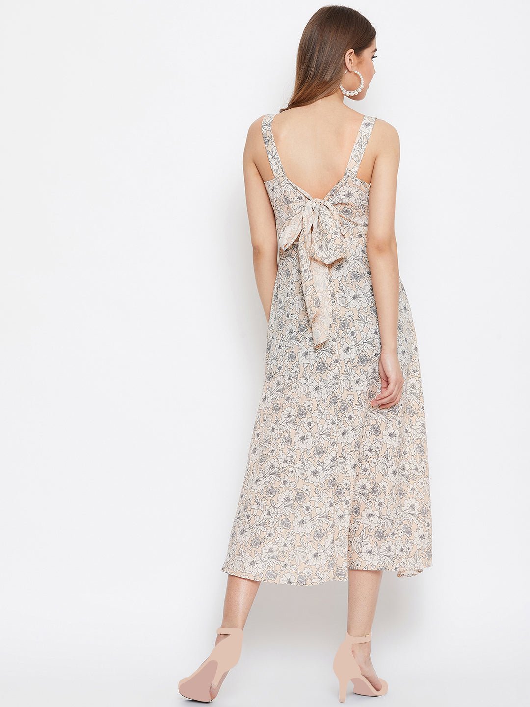 Folk Republic Women Beige & Off-White Floral Printed Square Neck Open-Back A-Line Midi Dress - #folk republic#
