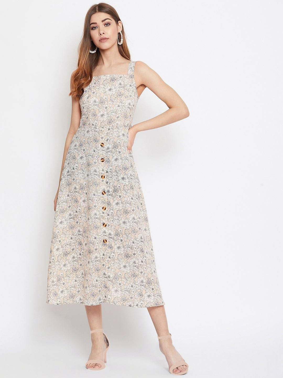 Folk Republic Women Beige & Off-White Floral Printed Square Neck Open-Back A-Line Midi Dress - #folk republic#
