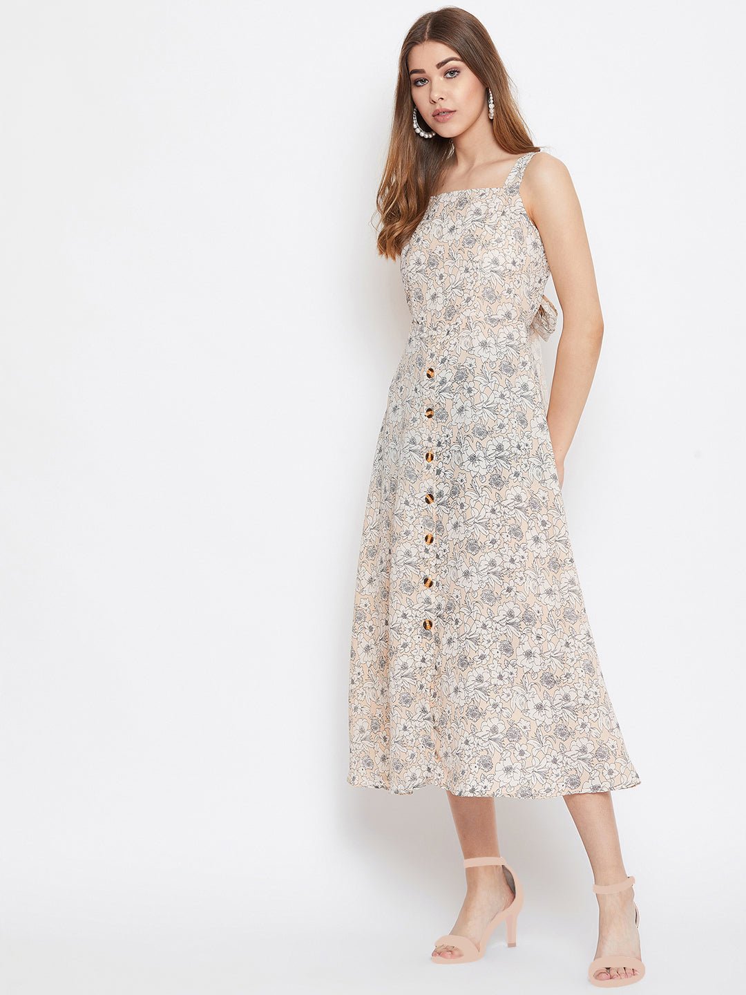Folk Republic Women Beige & Off-White Floral Printed Square Neck Open-Back A-Line Midi Dress - #folk republic#