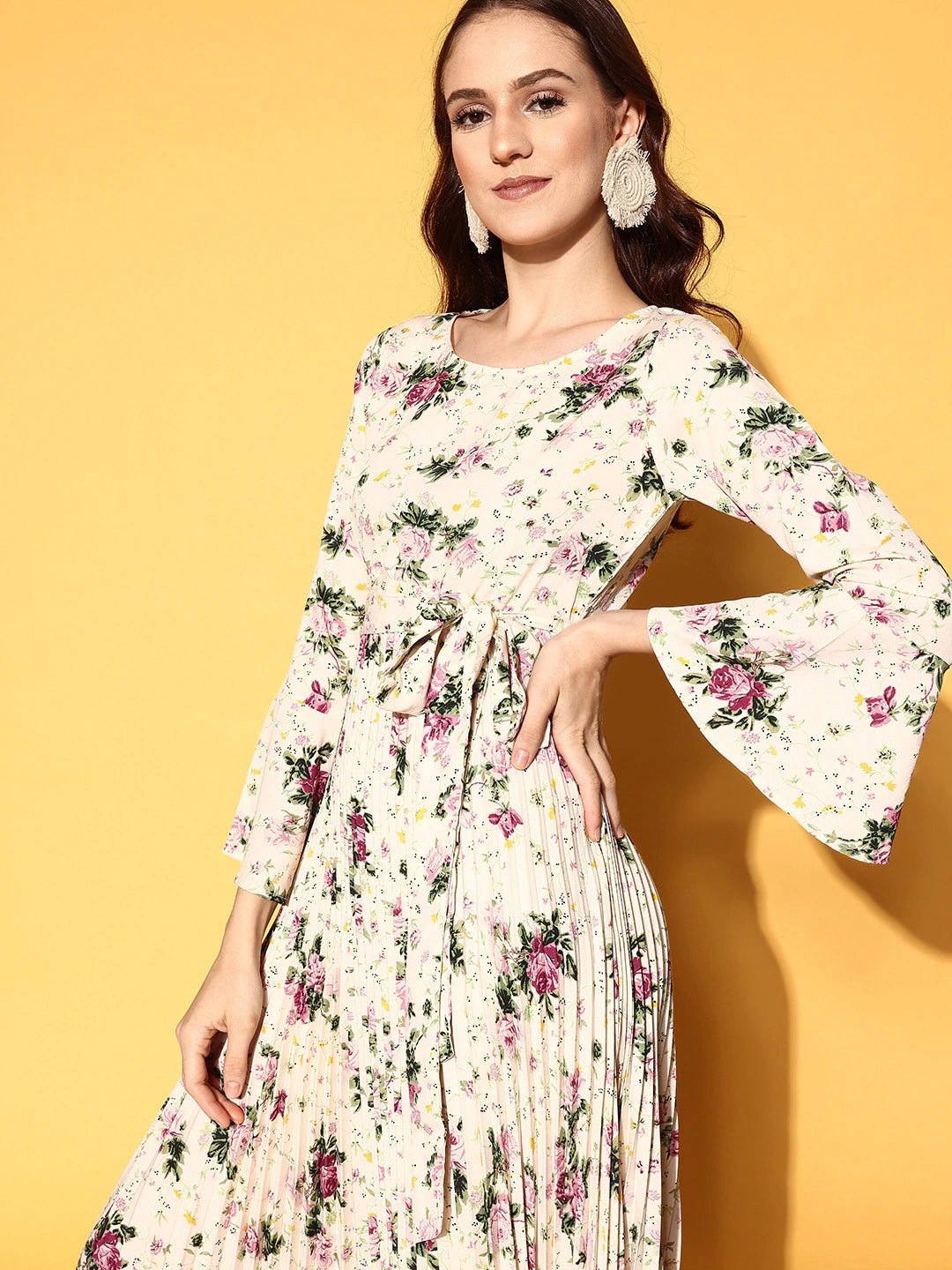 Folk Republic Women Beige & Pink Floral Printed Round Neck Waist Tie-Up Crepe Flared Maxi Dress - #folk republic#