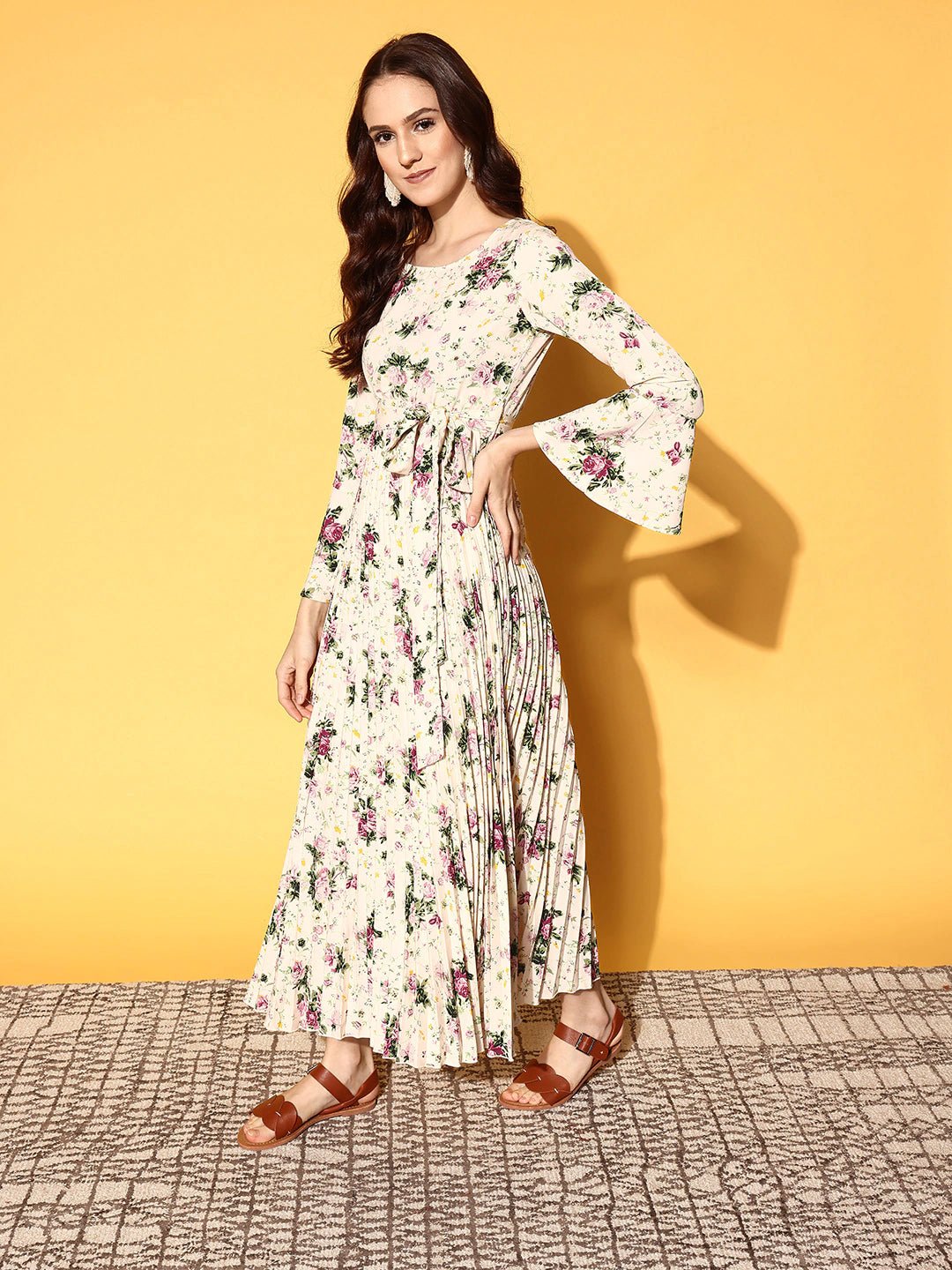 Folk Republic Women Beige & Pink Floral Printed Round Neck Waist Tie-Up Crepe Flared Maxi Dress - #folk republic#