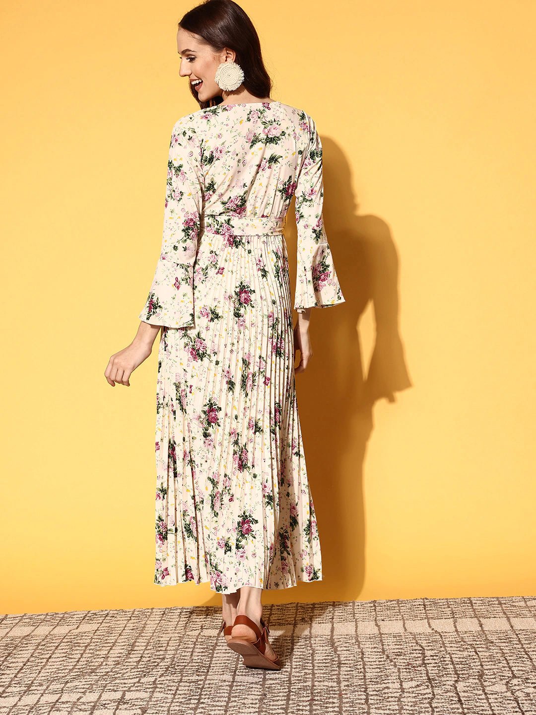 Folk Republic Women Beige & Pink Floral Printed Round Neck Waist Tie-Up Crepe Flared Maxi Dress - #folk republic#