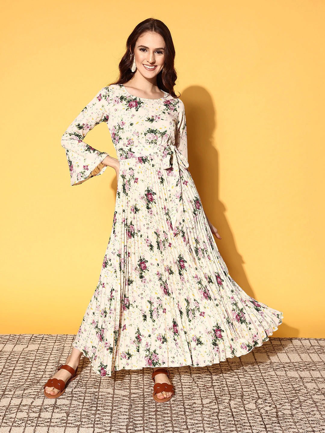 Folk Republic Women Beige & Pink Floral Printed Round Neck Waist Tie-Up Crepe Flared Maxi Dress - #folk republic#