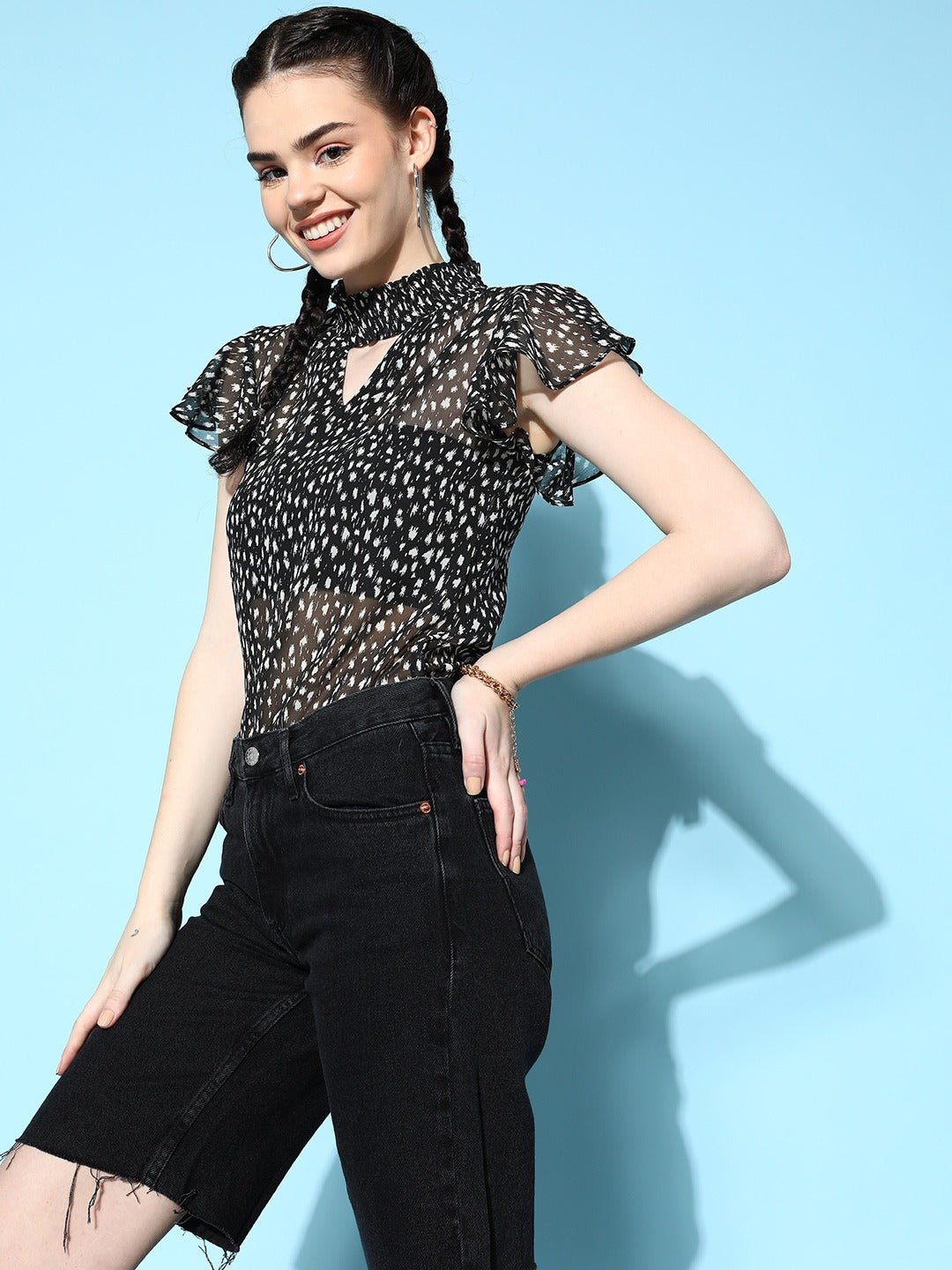 Folk Republic Women Black Abstract Print Keyhole Neck Ruffled Crepe Top - #folk republic#
