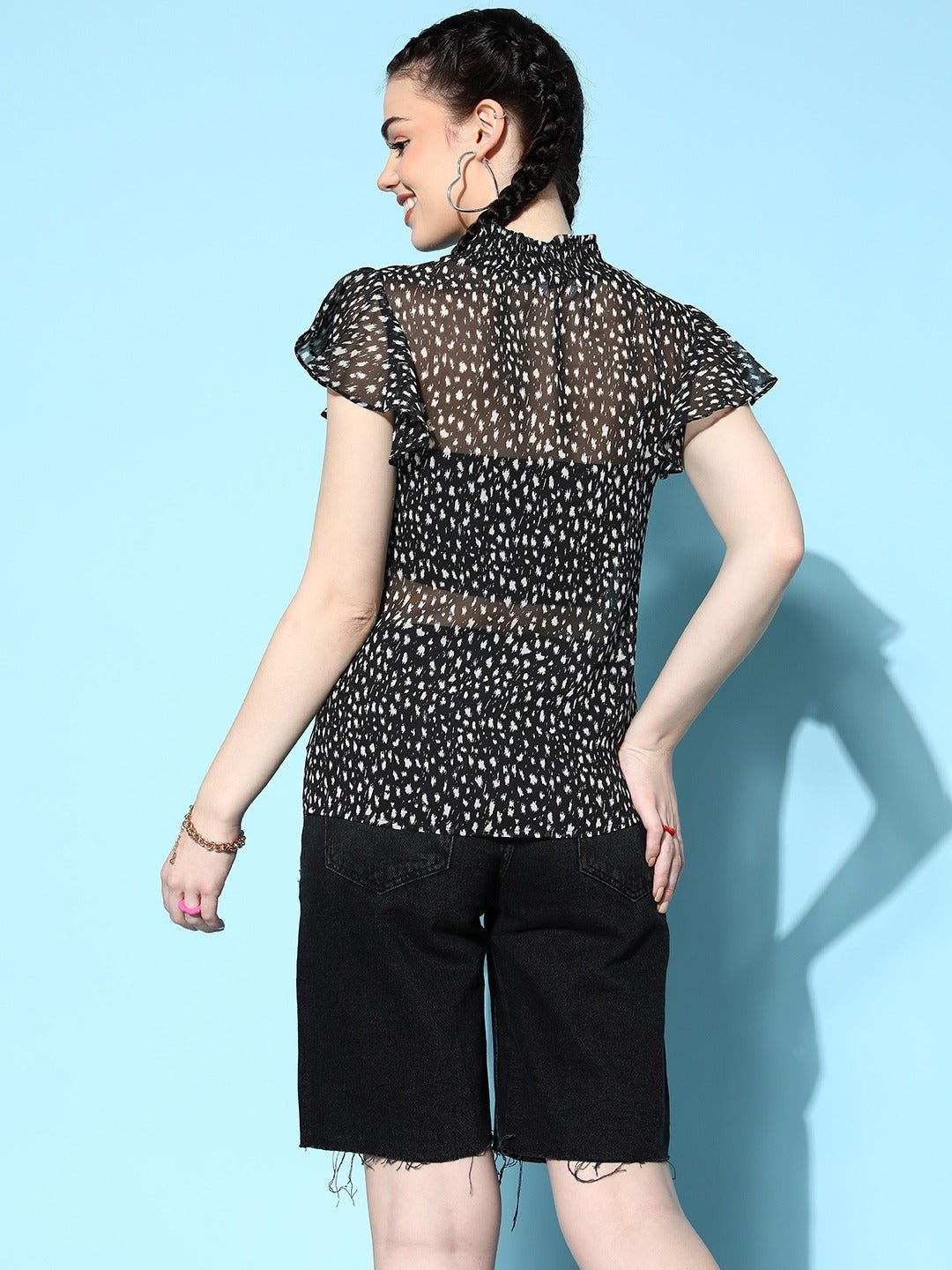 Folk Republic Women Black Abstract Print Keyhole Neck Ruffled Crepe Top - #folk republic#