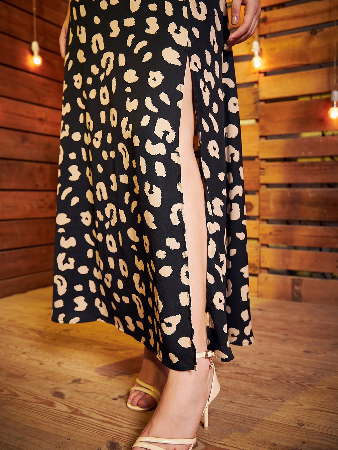 Folk Republic Women Black & Beige Animal Print High-Rise Waist Thigh-High Slit Flared A-Line Midi Skirt - #folk republic#