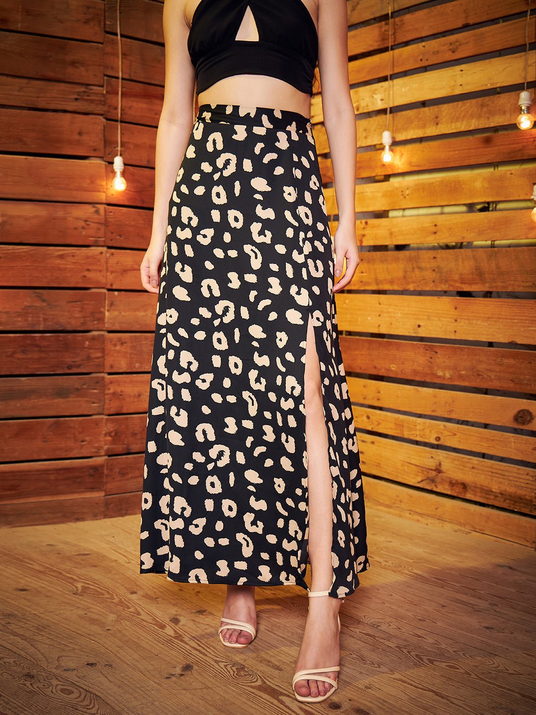 Folk Republic Women Black & Beige Animal Print High-Rise Waist Thigh-High Slit Flared A-Line Midi Skirt - #folk republic#