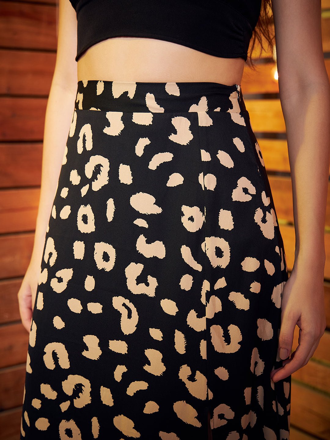 Folk Republic Women Black & Beige Animal Print High-Rise Waist Thigh-High Slit Flared A-Line Midi Skirt - #folk republic#